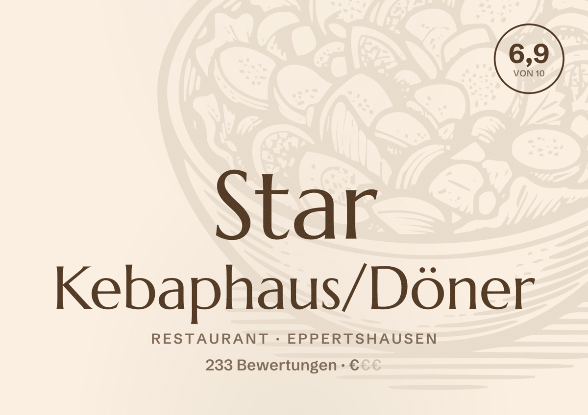 Illustriertes Poster von Star Kebaphaus/Döner, Restaurant in Eppertshausen: Bewertung 6,9 von 10 aus 233 Bewertungen, Preisniveau €