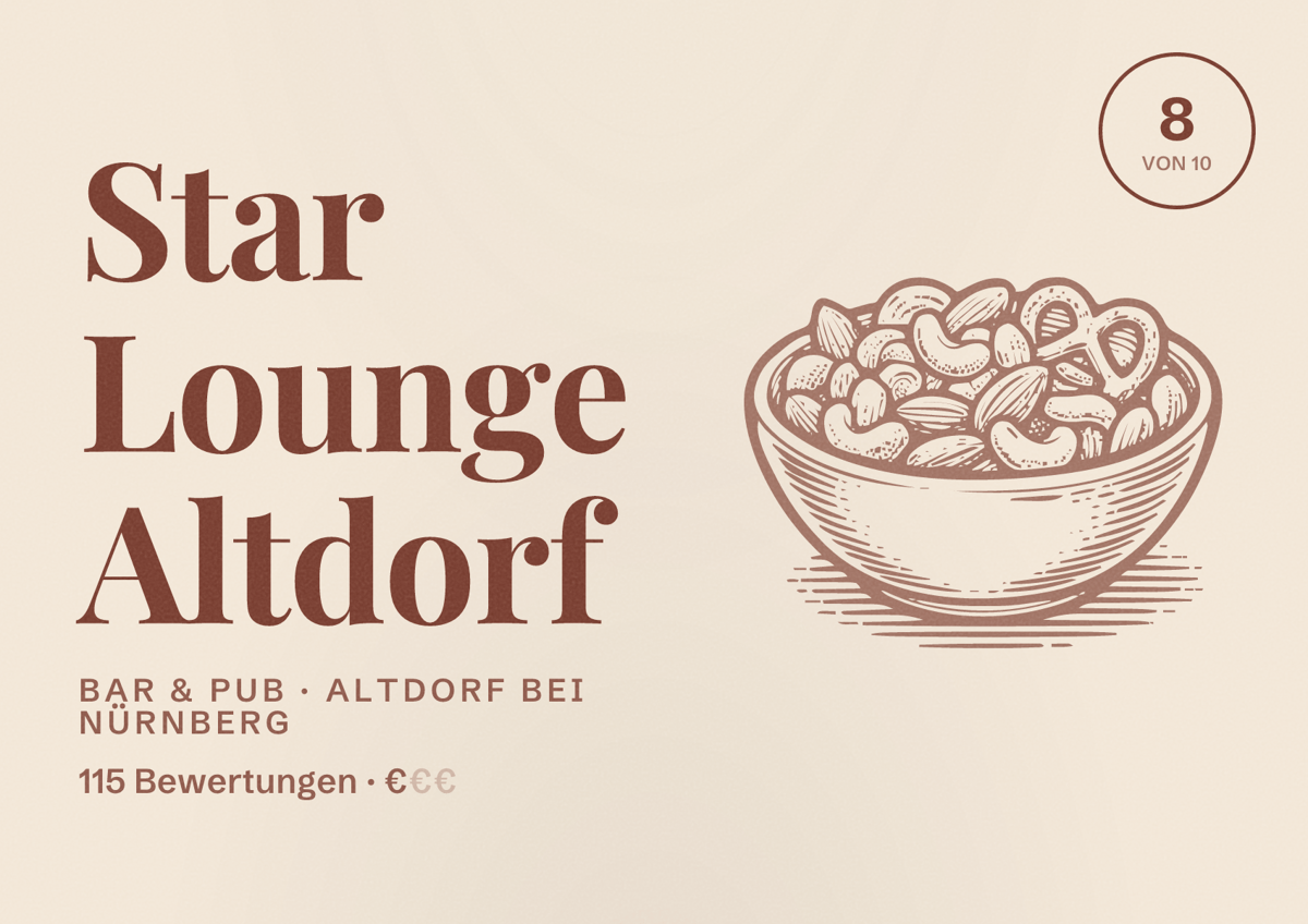Illustriertes Poster von Star Lounge Altdorf, Bar & Pub in Altdorf bei Nürnberg: Bewertung 8 von 10 aus 115 Bewertungen, Preisniveau €
