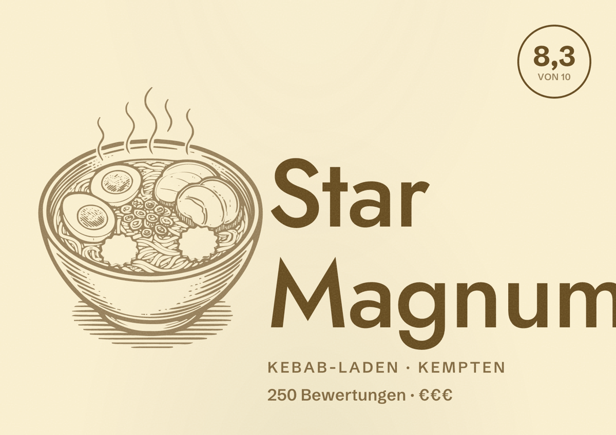 Illustriertes Poster von Star Magnum, Kebab-Laden in Kempten: Bewertung 8,3 von 10 aus 250 Bewertungen, Preisniveau €€€