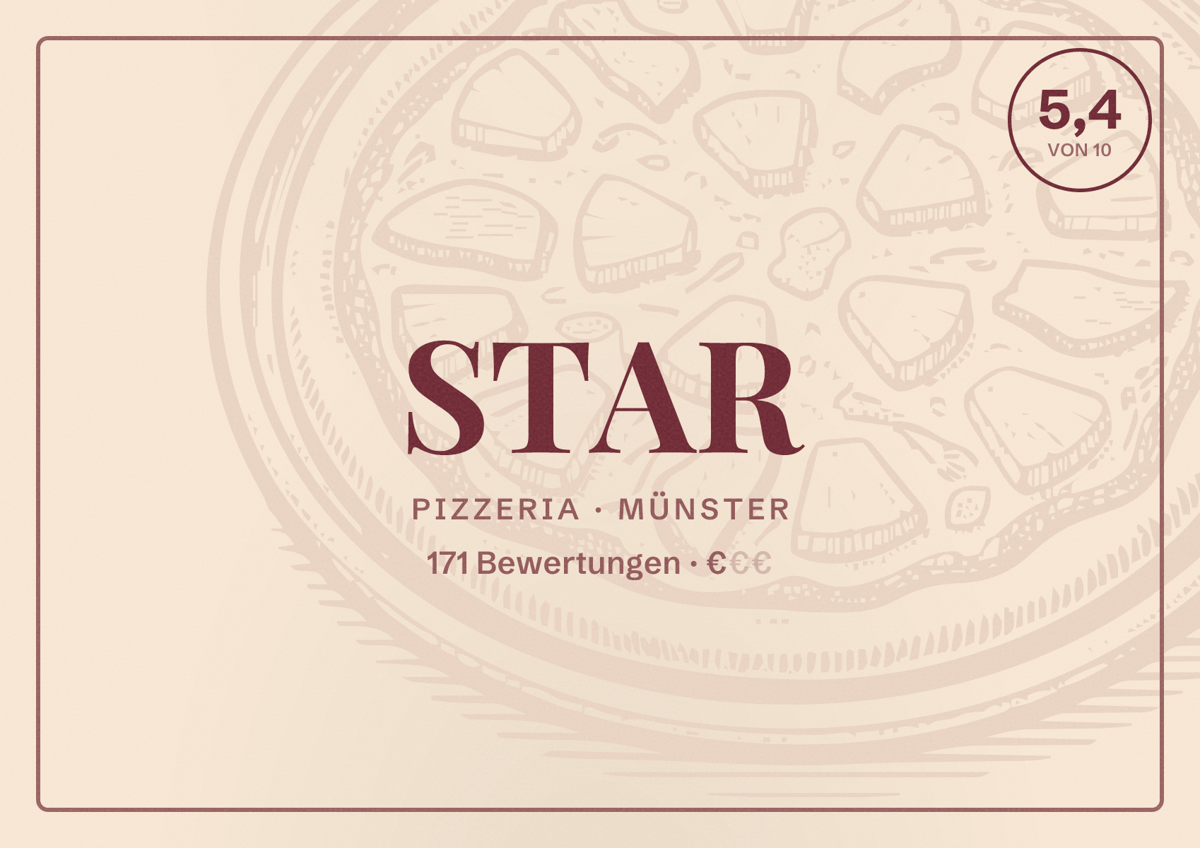 Illustriertes Poster von STAR, Pizzeria in Münster: Bewertung 5,4 von 10 aus 171 Bewertungen, Preisniveau €
