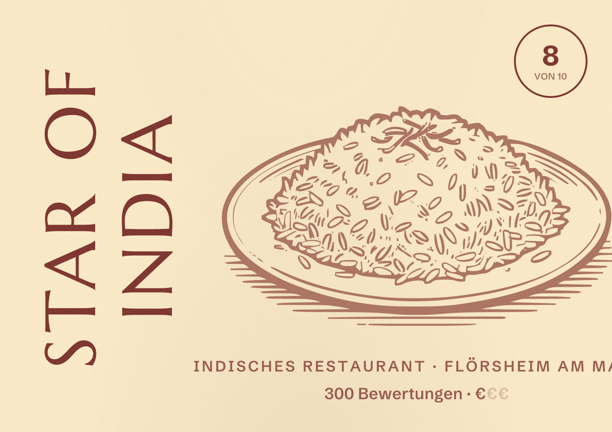 Illustriertes Poster von Star of India, Indisches Restaurant in Flörsheim am Main: Bewertung 8 von 10 aus 300 Bewertungen, Preisniveau €