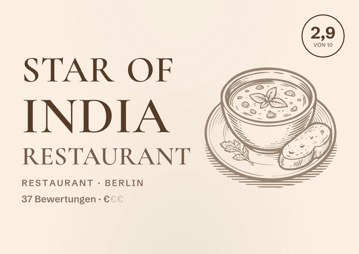 Illustriertes Poster von Star of India Restaurant, Restaurant in Berlin: Bewertung 2,9 von 10 aus 37 Bewertungen, Preisniveau €