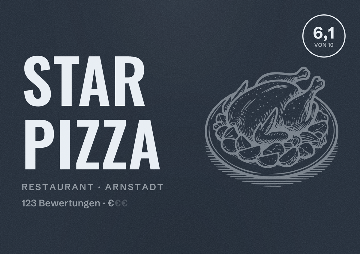 Illustriertes Poster von Star Pizza, Restaurant in Arnstadt: Bewertung 6,1 von 10 aus 123 Bewertungen, Preisniveau €