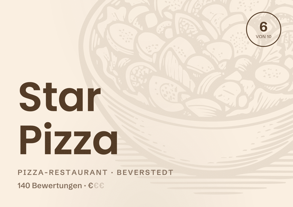 Illustriertes Poster von Star Pizza, Pizza-Restaurant in Beverstedt: Bewertung 6 von 10 aus 140 Bewertungen, Preisniveau €