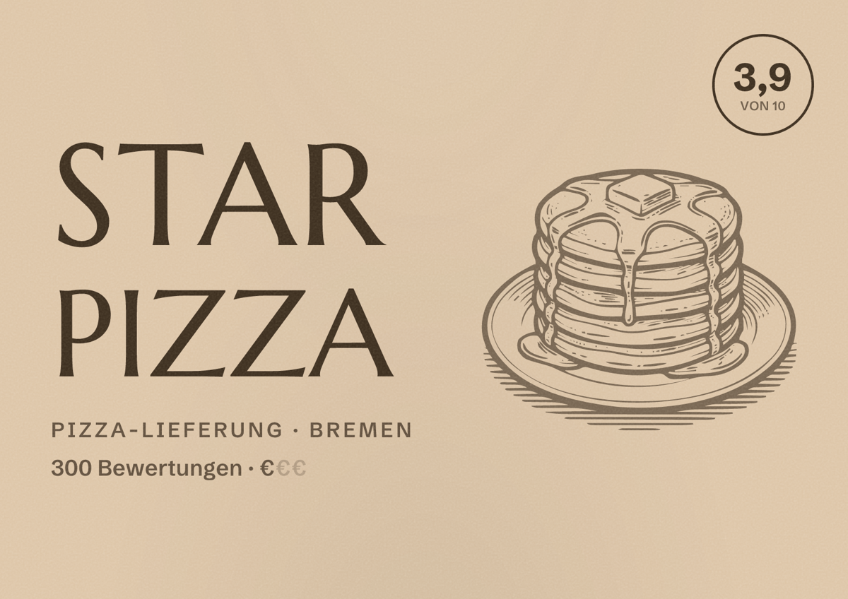 Illustriertes Poster von Star Pizza, Pizza-Lieferung in Bremen: Bewertung 3,9 von 10 aus 300 Bewertungen, Preisniveau €