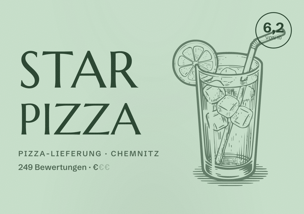 Illustriertes Poster von star pizza, Pizza-Lieferung in Chemnitz: Bewertung 6,2 von 10 aus 249 Bewertungen, Preisniveau €