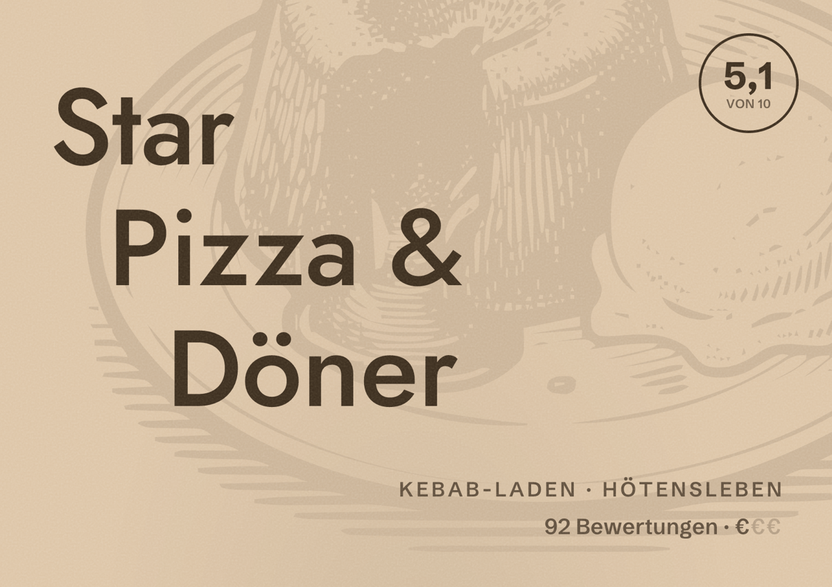 Illustriertes Poster von Star Pizza & Döner, Kebab-Laden in Hötensleben: Bewertung 5,1 von 10 aus 92 Bewertungen, Preisniveau €