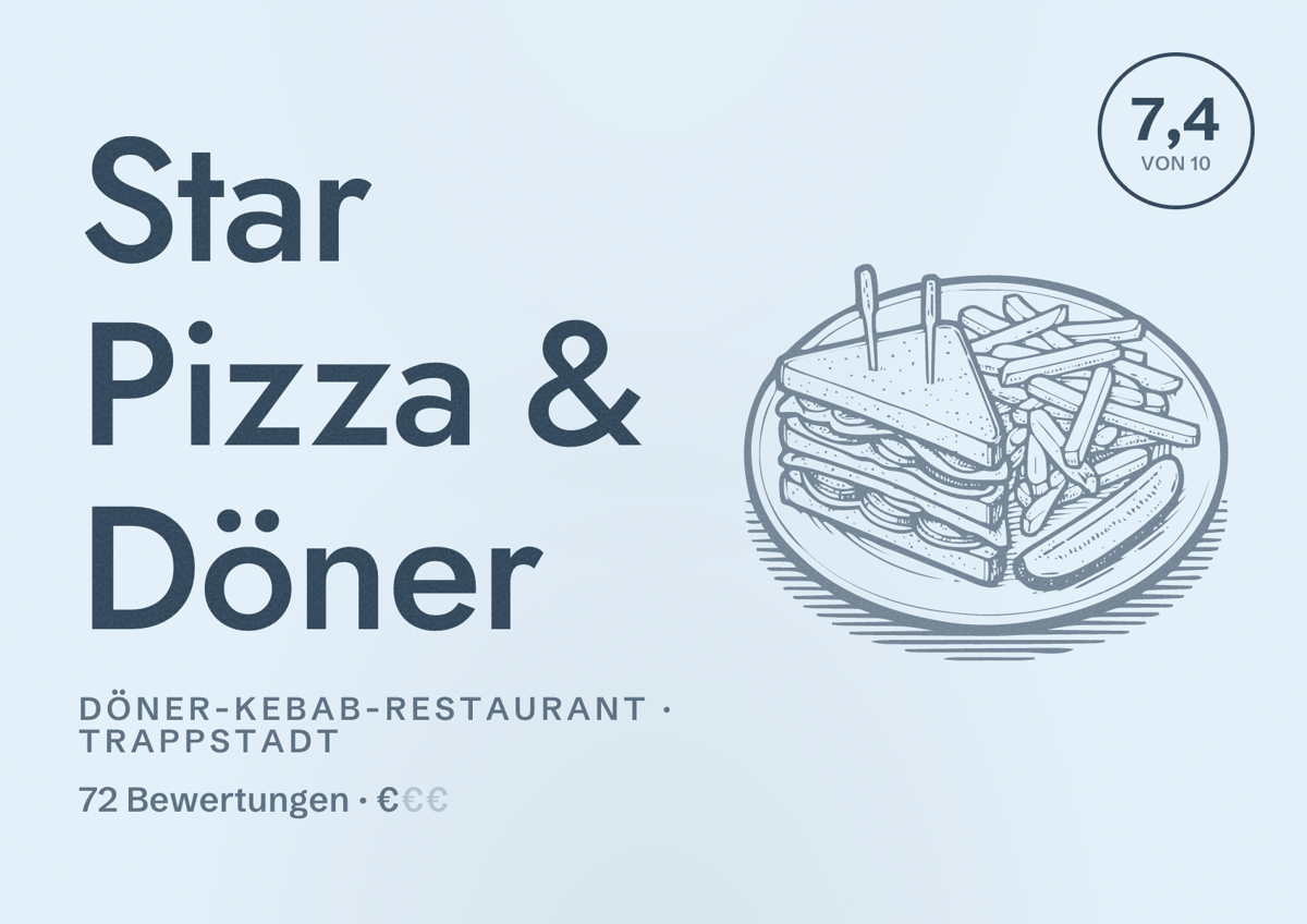 Illustriertes Poster von Star Pizza & Döner, Döner-Kebab-Restaurant in Trappstadt: Bewertung 7,4 von 10 aus 72 Bewertungen, Preisniveau €