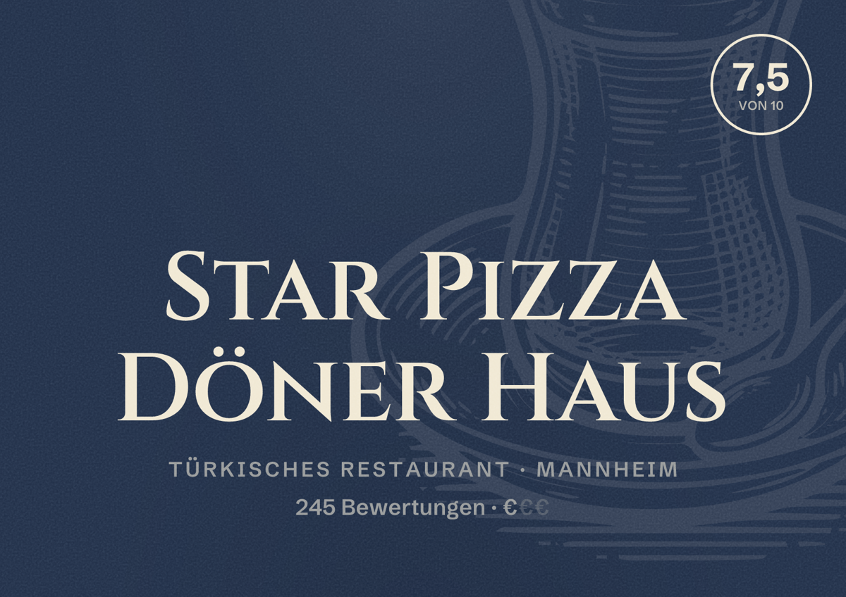 Illustriertes Poster von Star Pizza Döner Haus, Türkisches Restaurant in Mannheim: Bewertung 7,5 von 10 aus 245 Bewertungen, Preisniveau €
