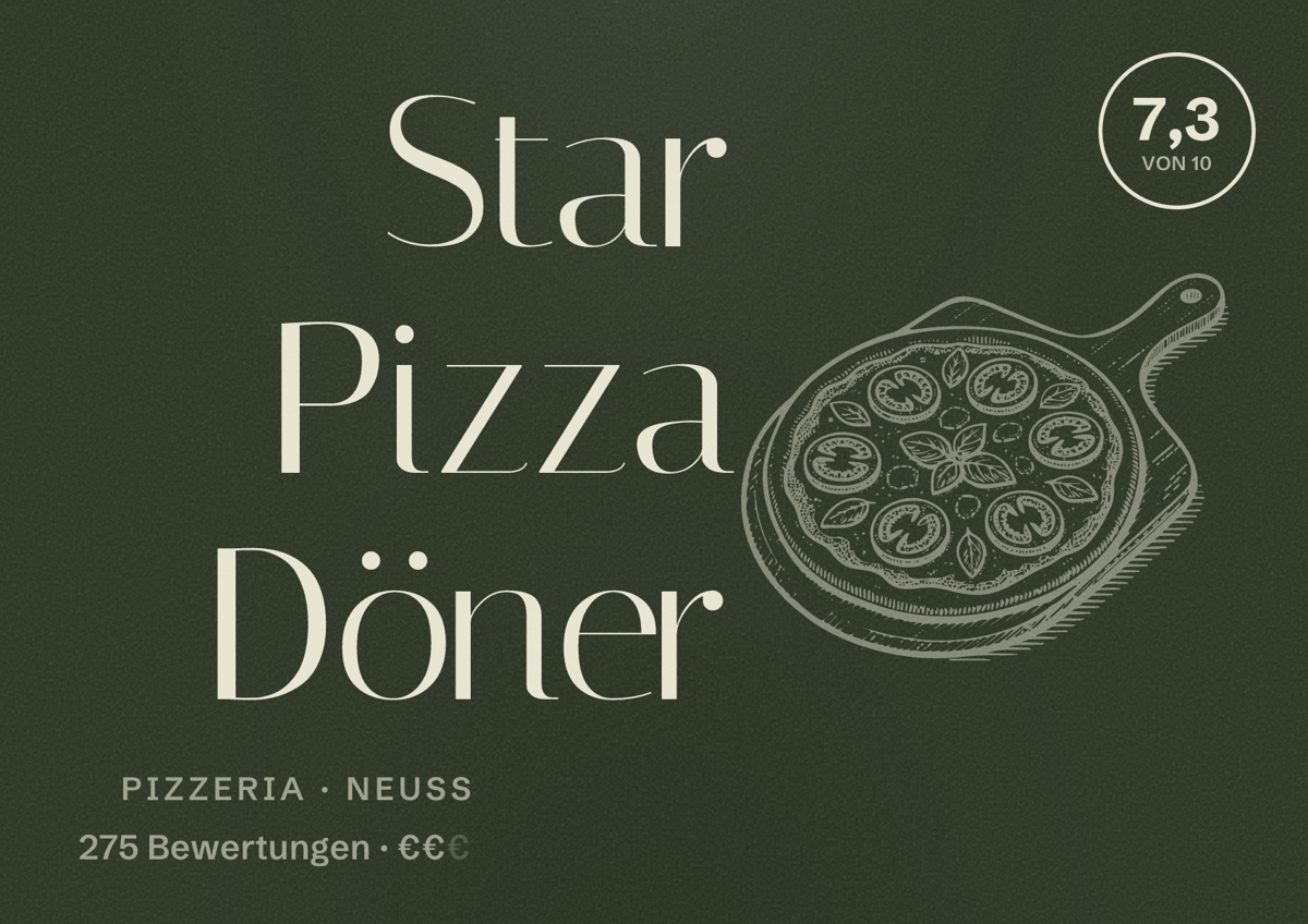 Illustriertes Poster von Star Pizza Döner, Pizzeria in Neuss: Gästebewertung 7,3 von 10 aus 275 Bewertungen