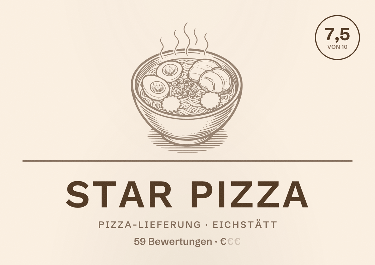 Illustriertes Poster von Star Pizza, Pizza-Lieferung in Eichstätt: Bewertung 7,5 von 10 aus 59 Bewertungen, Preisniveau €