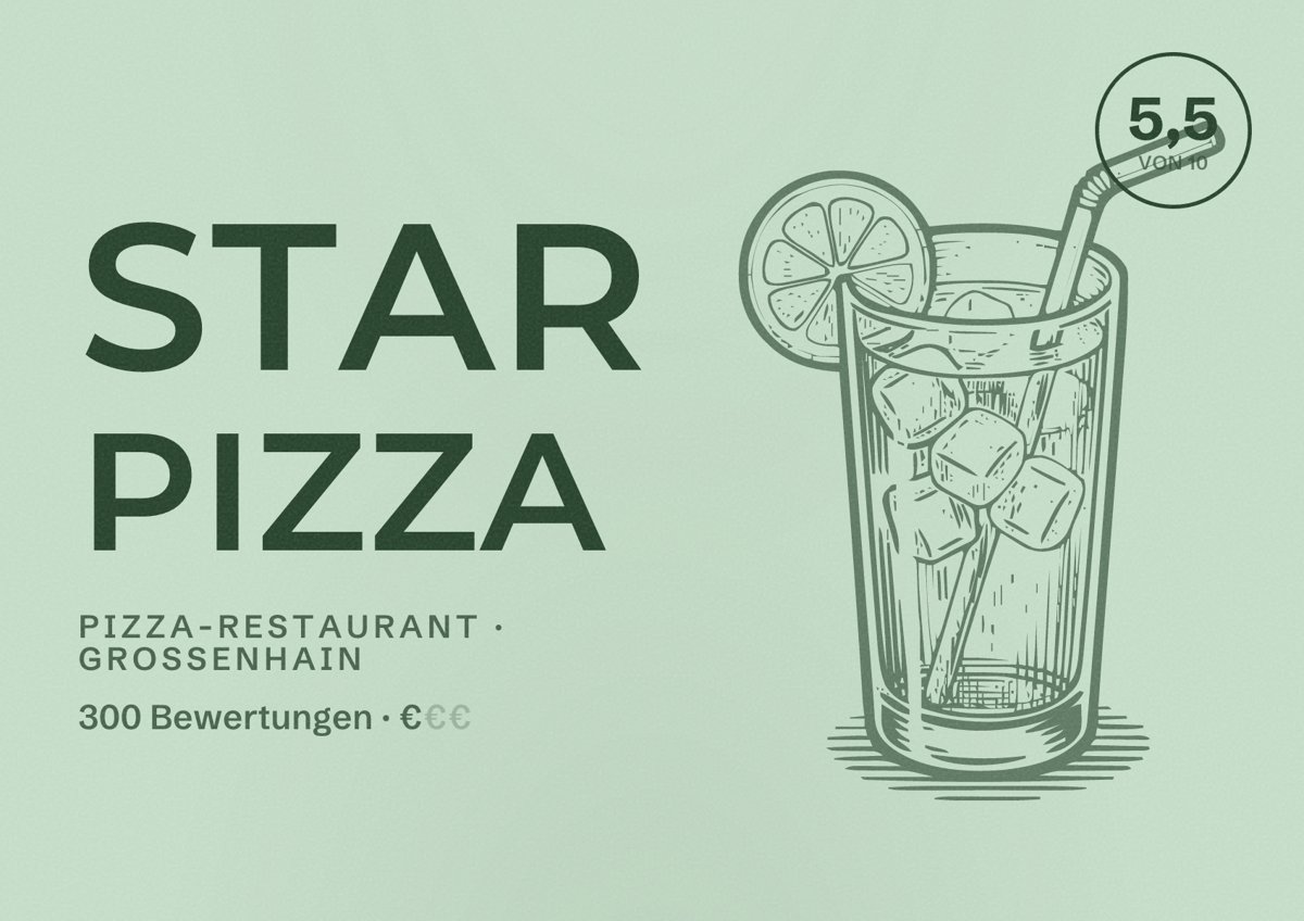 Illustriertes Poster von Star Pizza, Pizza-Restaurant in Großenhain: Bewertung 5,5 von 10 aus 300 Bewertungen, Preisniveau €
