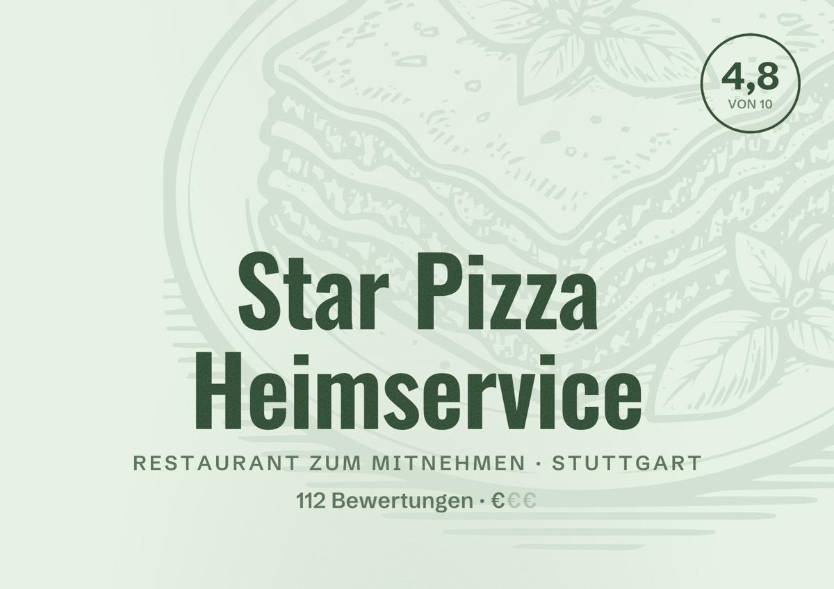 Illustriertes Poster von Star Pizza Heimservice, Restaurant zum Mitnehmen in Stuttgart: Bewertung 4,8 von 10 aus 112 Bewertungen, Preisniveau €
