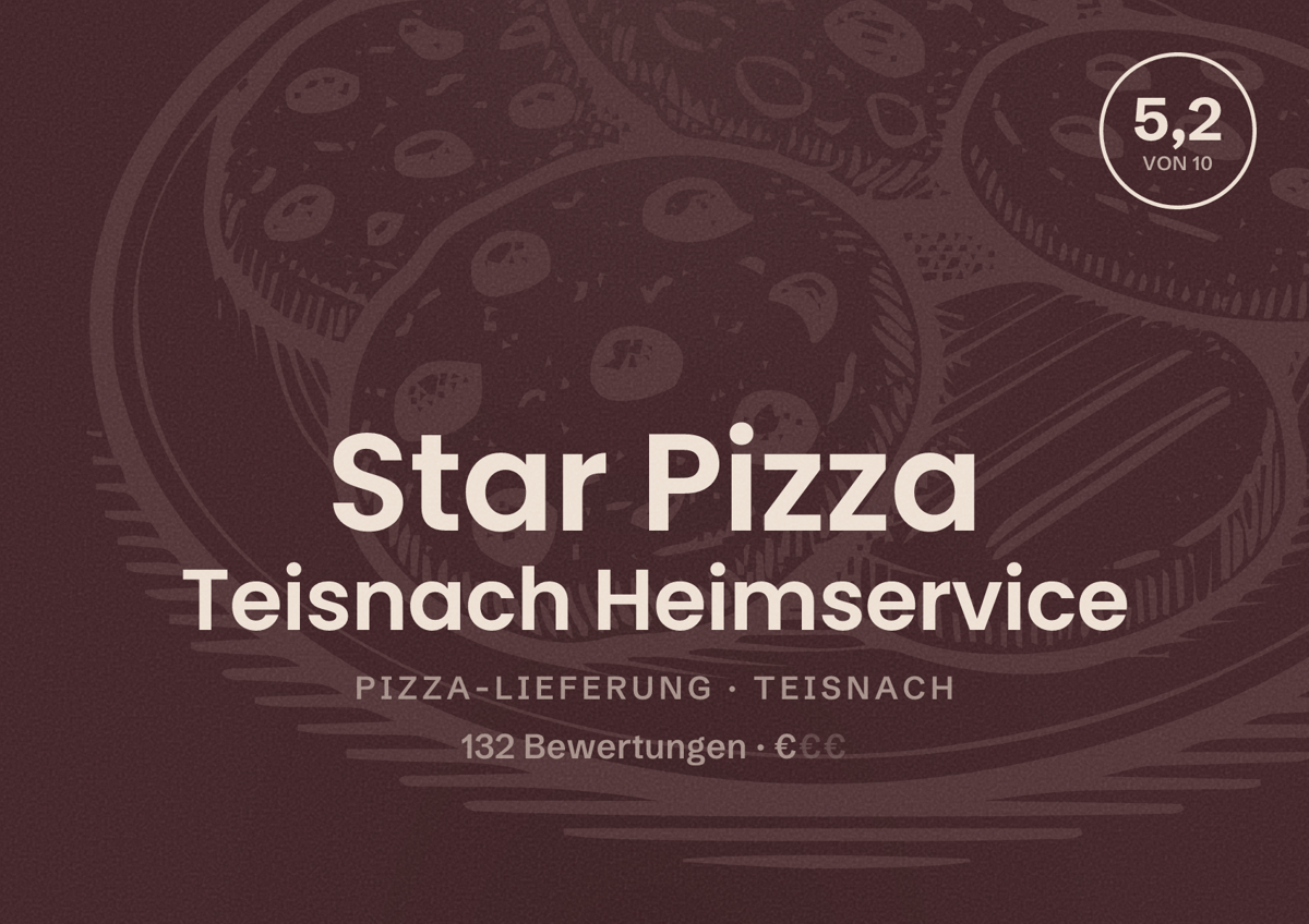 Illustriertes Poster von Star Pizza Teisnach Heimservice, Pizza-Lieferung in Teisnach: Bewertung 5,2 von 10 aus 132 Bewertungen, Preisniveau €