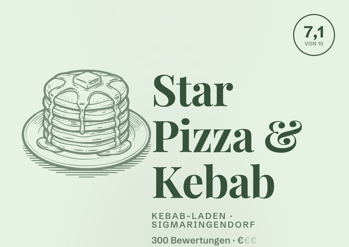 Illustriertes Poster von Star Pizza & Kebab, Kebab-Laden in Sigmaringendorf: Bewertung 7,1 von 10 aus 300 Bewertungen, Preisniveau €