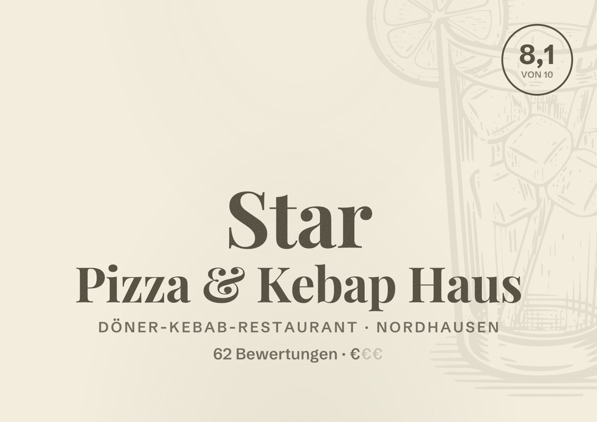 Illustriertes Poster von Star Pizza & Kebap Haus, Döner-Kebab-Restaurant in Nordhausen: Bewertung 8,1 von 10 aus 62 Bewertungen, Preisniveau €