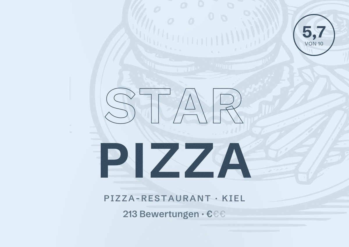 Illustriertes Poster von Star Pizza, Pizza-Restaurant in Kiel: Bewertung 5,7 von 10 aus 213 Bewertungen, Preisniveau €