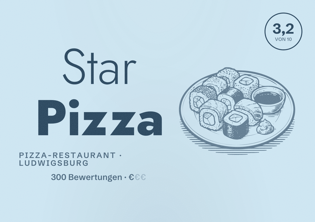 Illustriertes Poster von Star Pizza, Pizza-Restaurant in Ludwigsburg: Bewertung 3,2 von 10 aus 300 Bewertungen, Preisniveau €