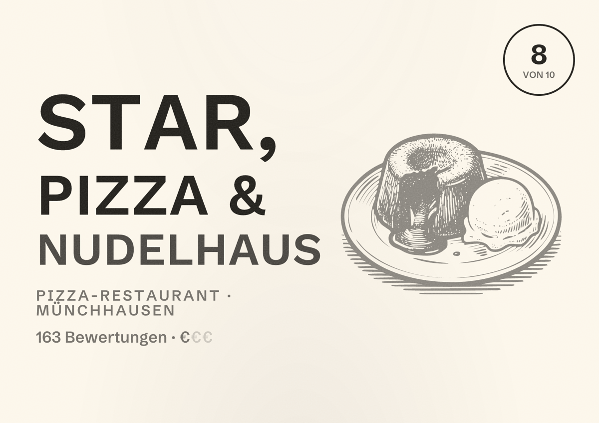 Illustriertes Poster von Star, Pizza & Nudelhaus, Pizza-Restaurant in Münchhausen: Bewertung 8 von 10 aus 163 Bewertungen, Preisniveau €
