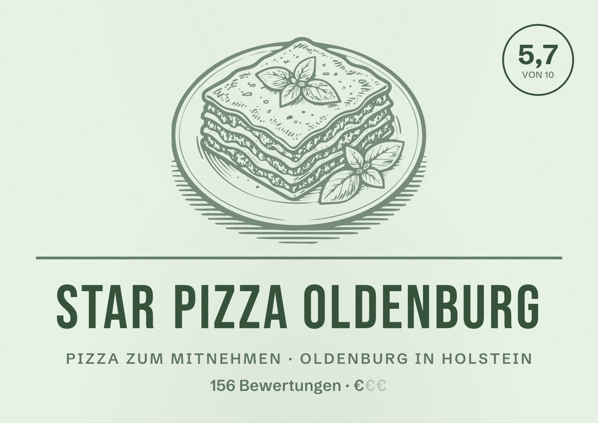 Illustriertes Poster von Star Pizza Oldenburg, Pizza zum Mitnehmen in Oldenburg in Holstein: Bewertung 5,7 von 10 aus 156 Bewertungen, Preisniveau €