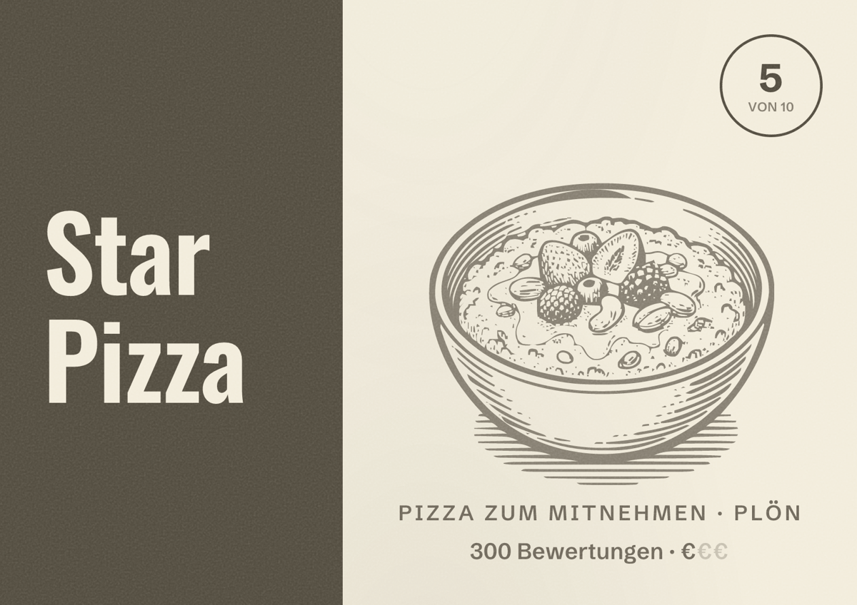 Illustriertes Poster von Star Pizza, Pizza zum Mitnehmen in Plön: Bewertung 5 von 10 aus 300 Bewertungen, Preisniveau €