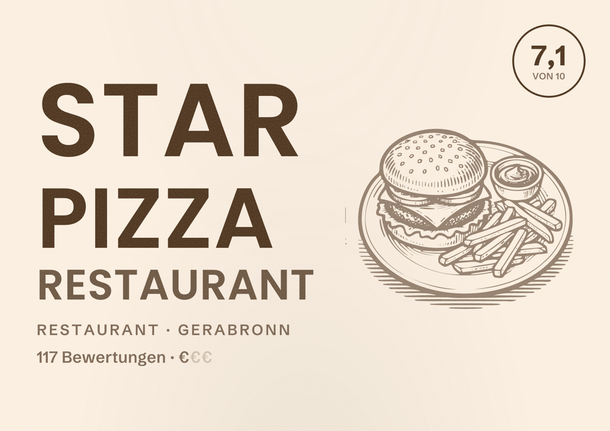 Illustriertes Poster von Star Pizza Restaurant, Restaurant in Gerabronn: Bewertung 7,1 von 10 aus 117 Bewertungen, Preisniveau €