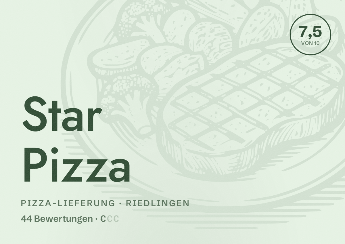 Illustriertes Poster von Star Pizza, Pizza-Lieferung in Riedlingen: Bewertung 7,5 von 10 aus 44 Bewertungen, Preisniveau €