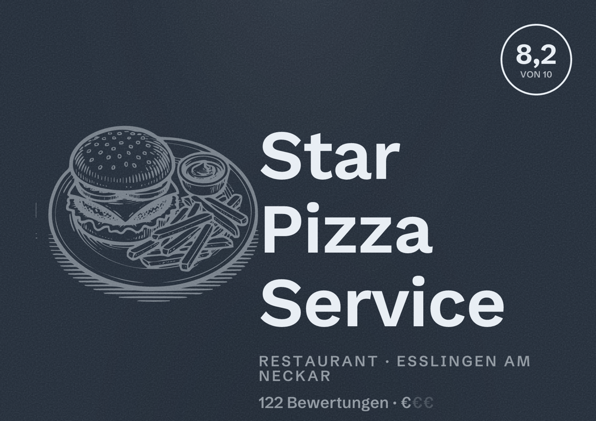 Illustriertes Poster von Star Pizza Service, Restaurant in Esslingen am Neckar: Bewertung 8,2 von 10 aus 122 Bewertungen, Preisniveau €