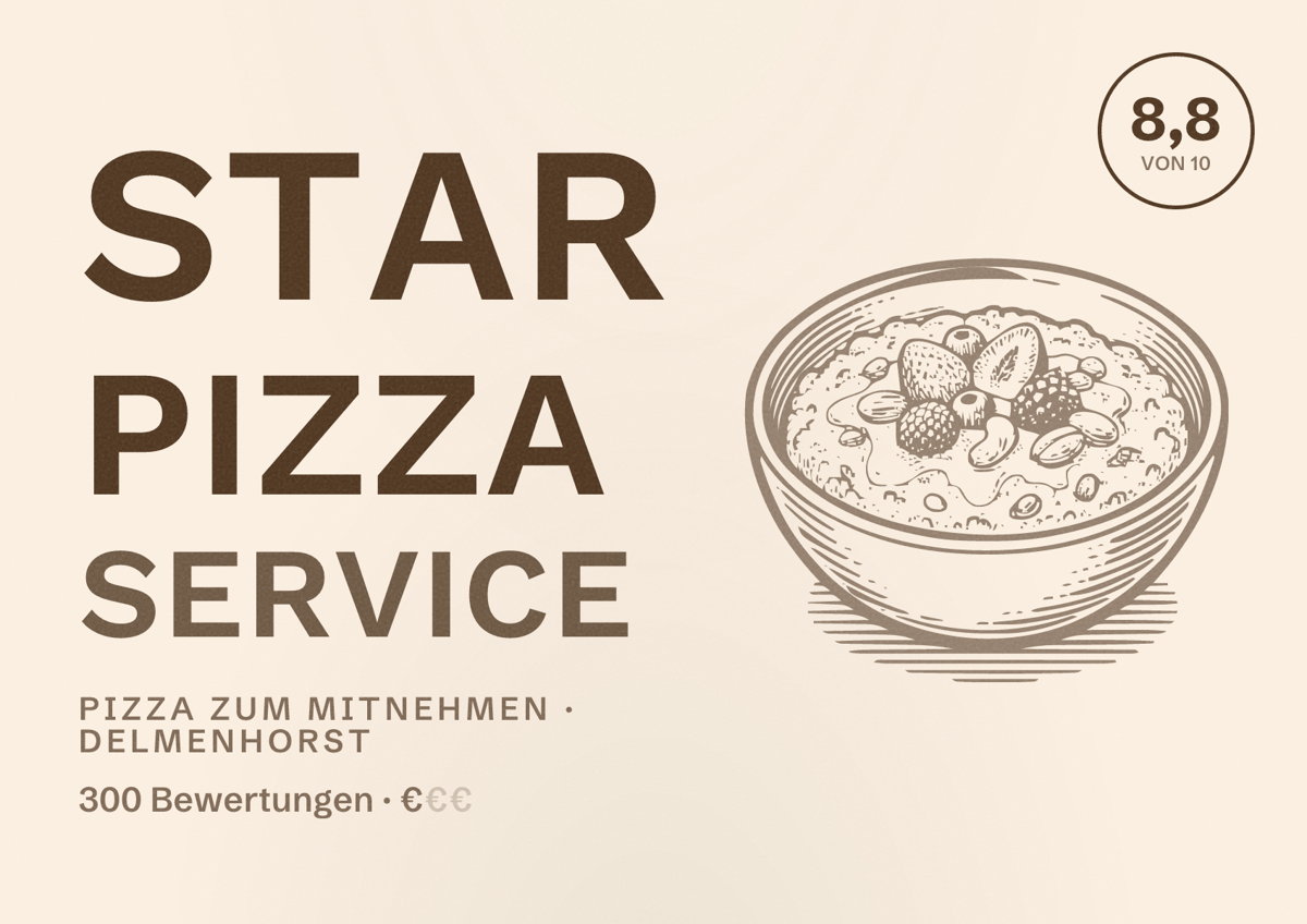 Illustriertes Poster von Star Pizza Service, Pizza zum Mitnehmen in Delmenhorst: Bewertung 8,8 von 10 aus 300 Bewertungen, Preisniveau €