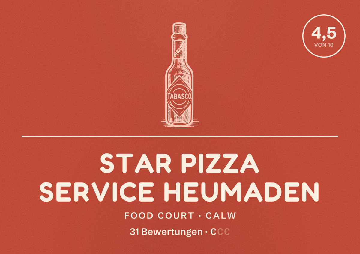 Illustriertes Poster von Star pizza service Heumaden, Food Court in Calw: Bewertung 4,5 von 10 aus 31 Bewertungen, Preisniveau €