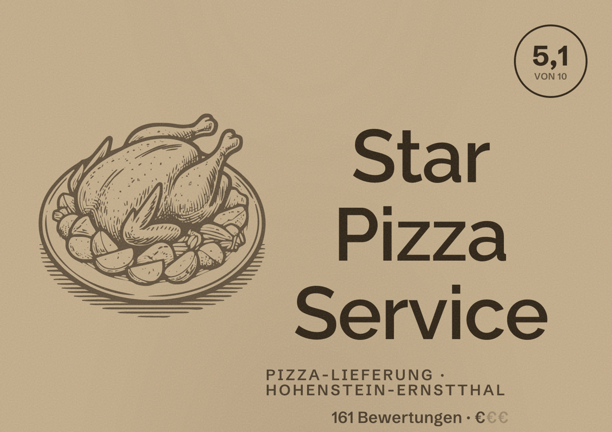 Illustriertes Poster von Star Pizza Service, Pizza-Lieferung in Hohenstein-Ernstthal: Bewertung 5,1 von 10 aus 161 Bewertungen, Preisniveau €
