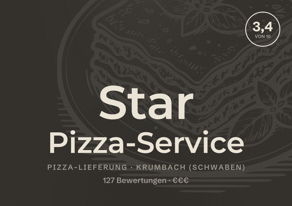 Illustriertes Poster von Star Pizza-Service, Pizza-Lieferung in Krumbach (Schwaben): Bewertung 3,4 von 10 aus 127 Bewertungen, Preisniveau €€€