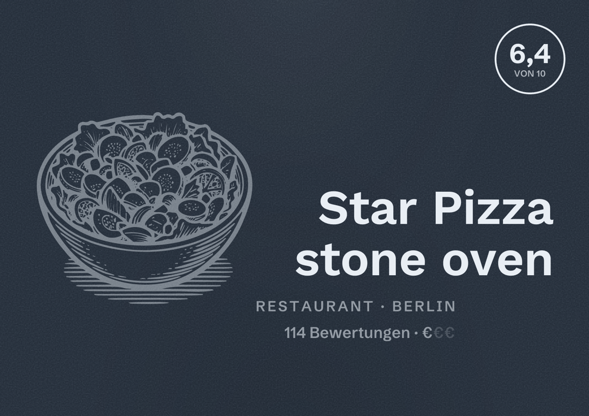 Illustriertes Poster von Star Pizza stone oven, Restaurant in Berlin: Bewertung 6,4 von 10 aus 114 Bewertungen, Preisniveau €