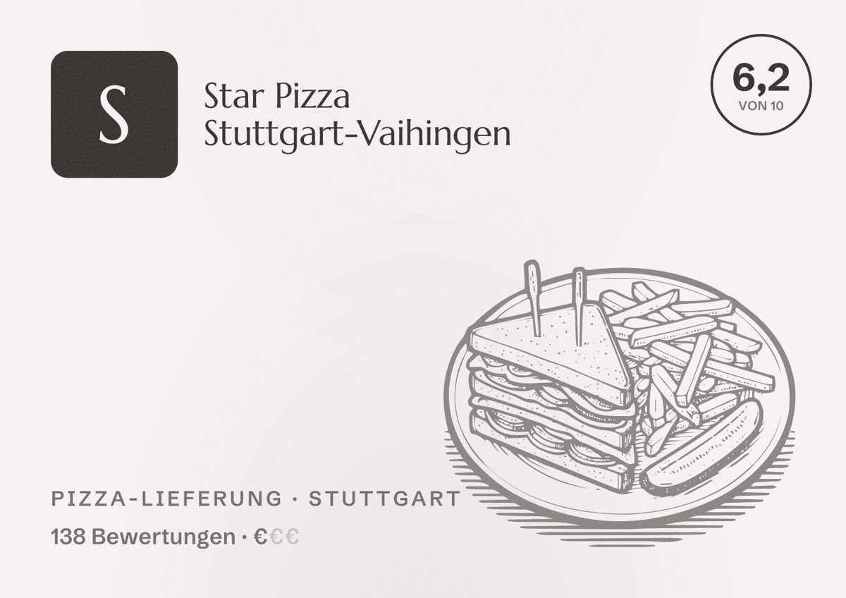 Illustriertes Poster von Star Pizza Stuttgart-Vaihingen, Pizza-Lieferung in Stuttgart: Bewertung 6,2 von 10 aus 138 Bewertungen, Preisniveau €