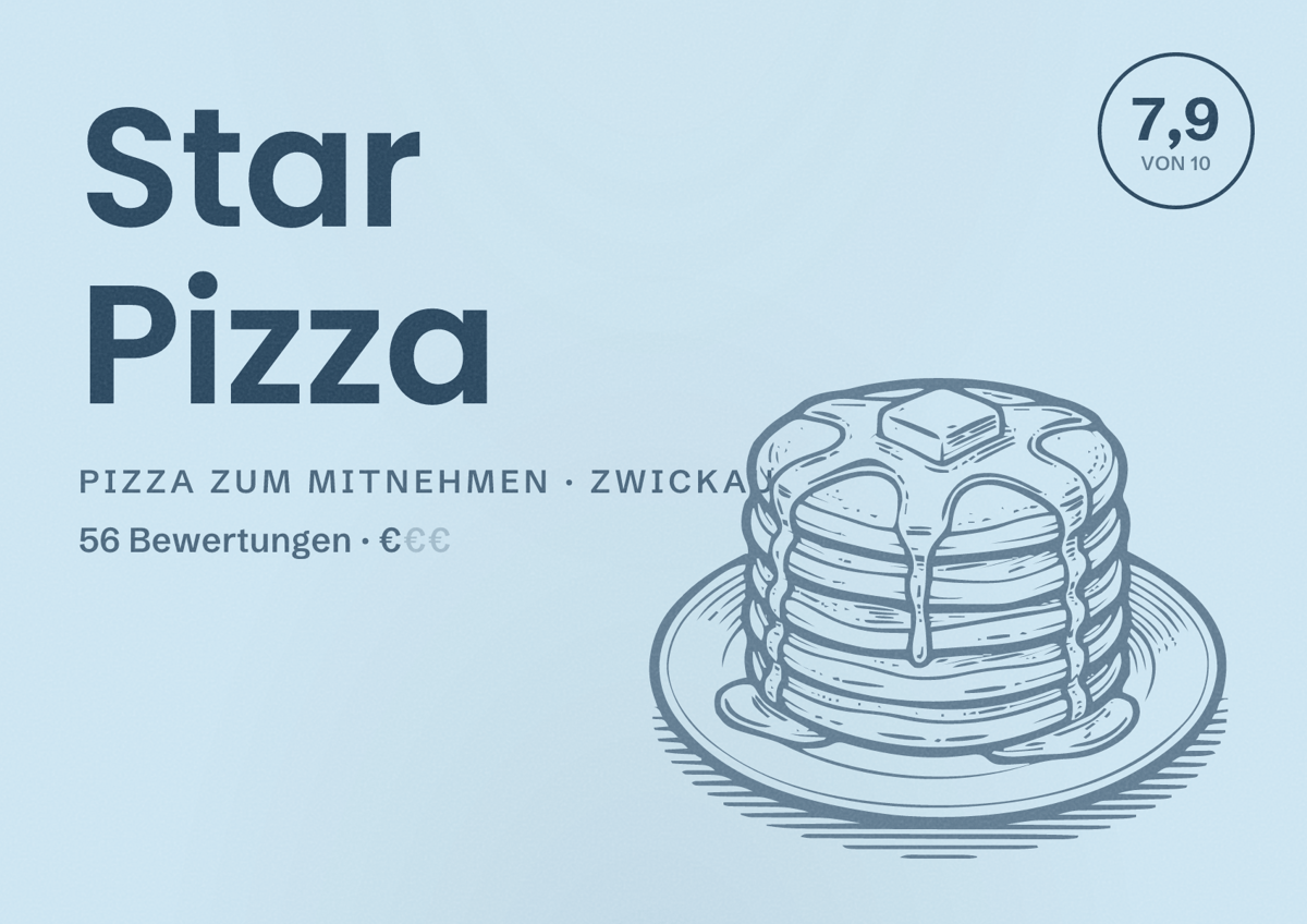 Illustriertes Poster von Star Pizza, Pizza zum Mitnehmen in Zwickau: Bewertung 7,9 von 10 aus 56 Bewertungen, Preisniveau €