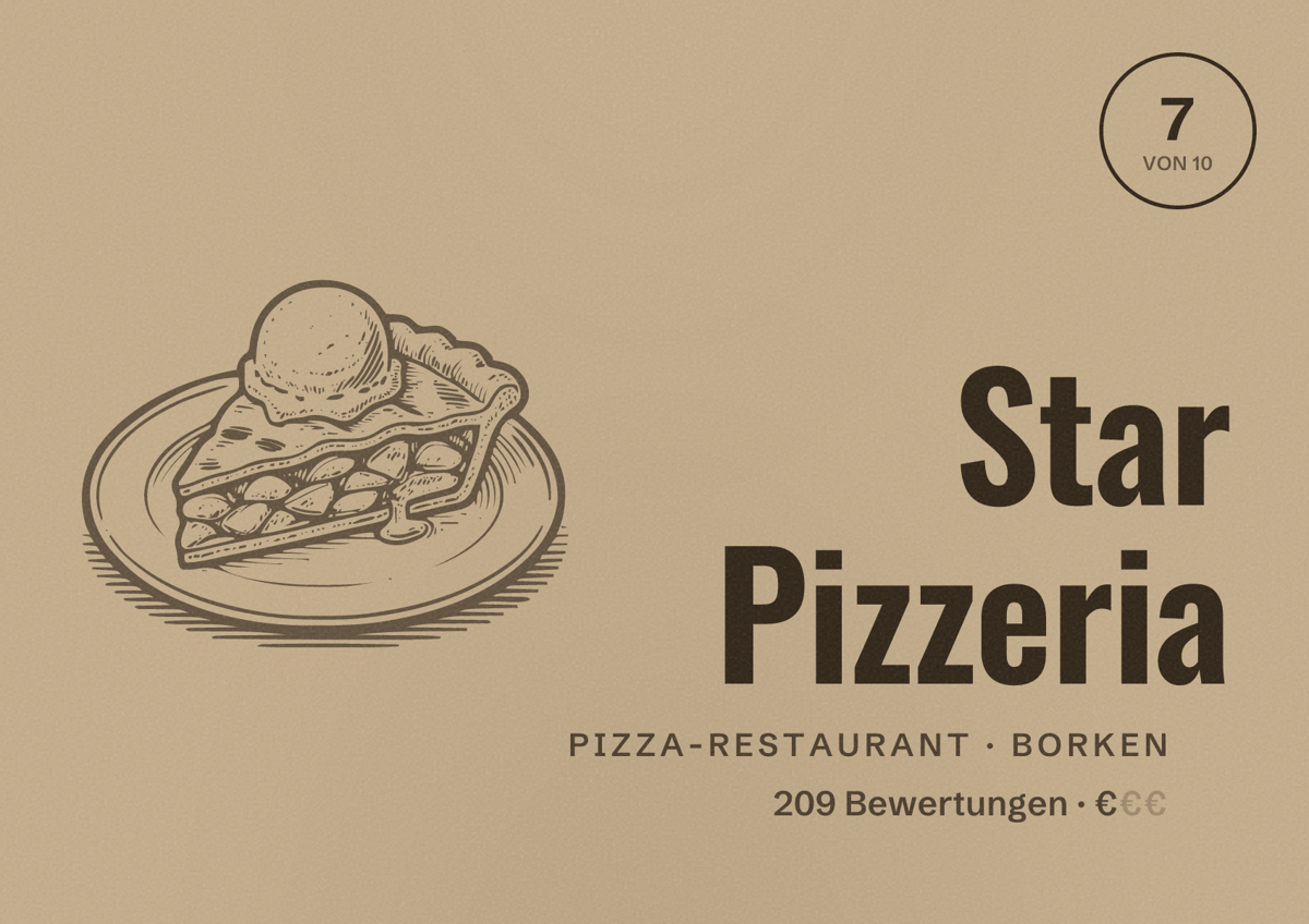 Illustriertes Poster von Star Pizzeria, Pizza-Restaurant in Borken: Bewertung 7 von 10 aus 209 Bewertungen, Preisniveau €