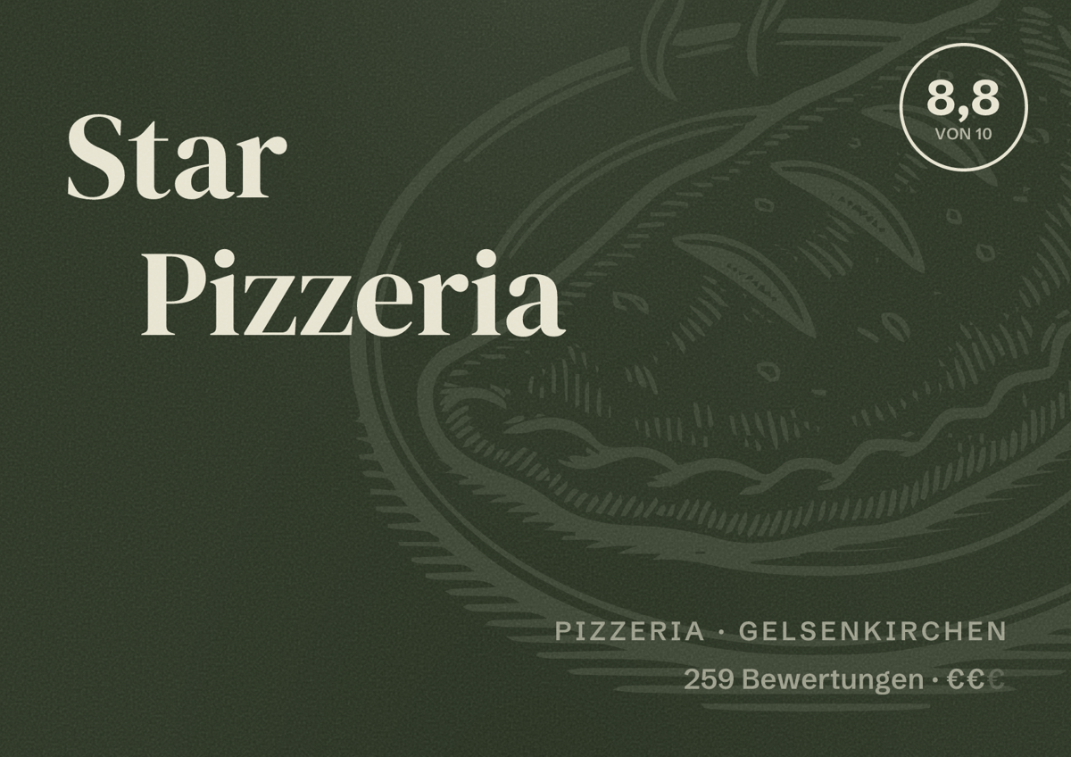 Illustriertes Poster von Star Pizzeria, Pizzeria in Gelsenkirchen: Bewertung 8,8 von 10 aus 259 Bewertungen, Preisniveau €€