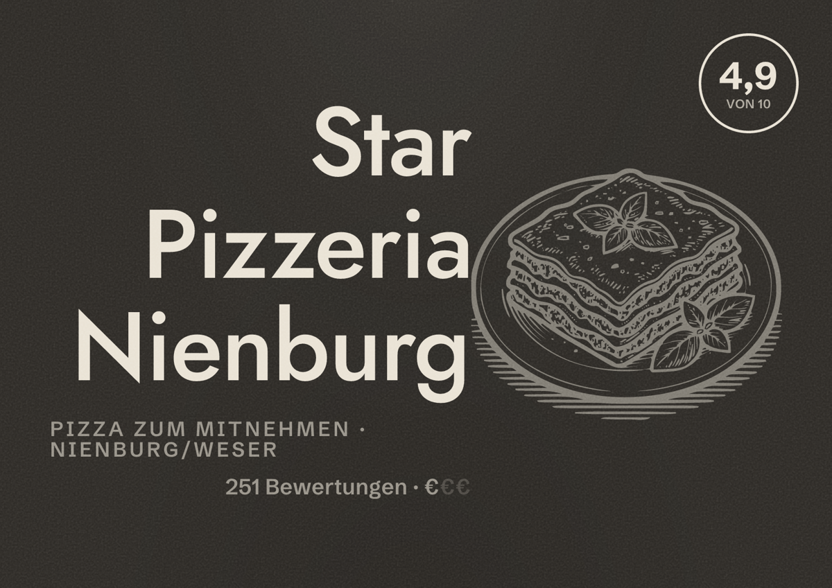 Illustriertes Poster von Star Pizzeria Nienburg, Pizza zum Mitnehmen in Nienburg/Weser: Bewertung 4,9 von 10 aus 251 Bewertungen, Preisniveau €