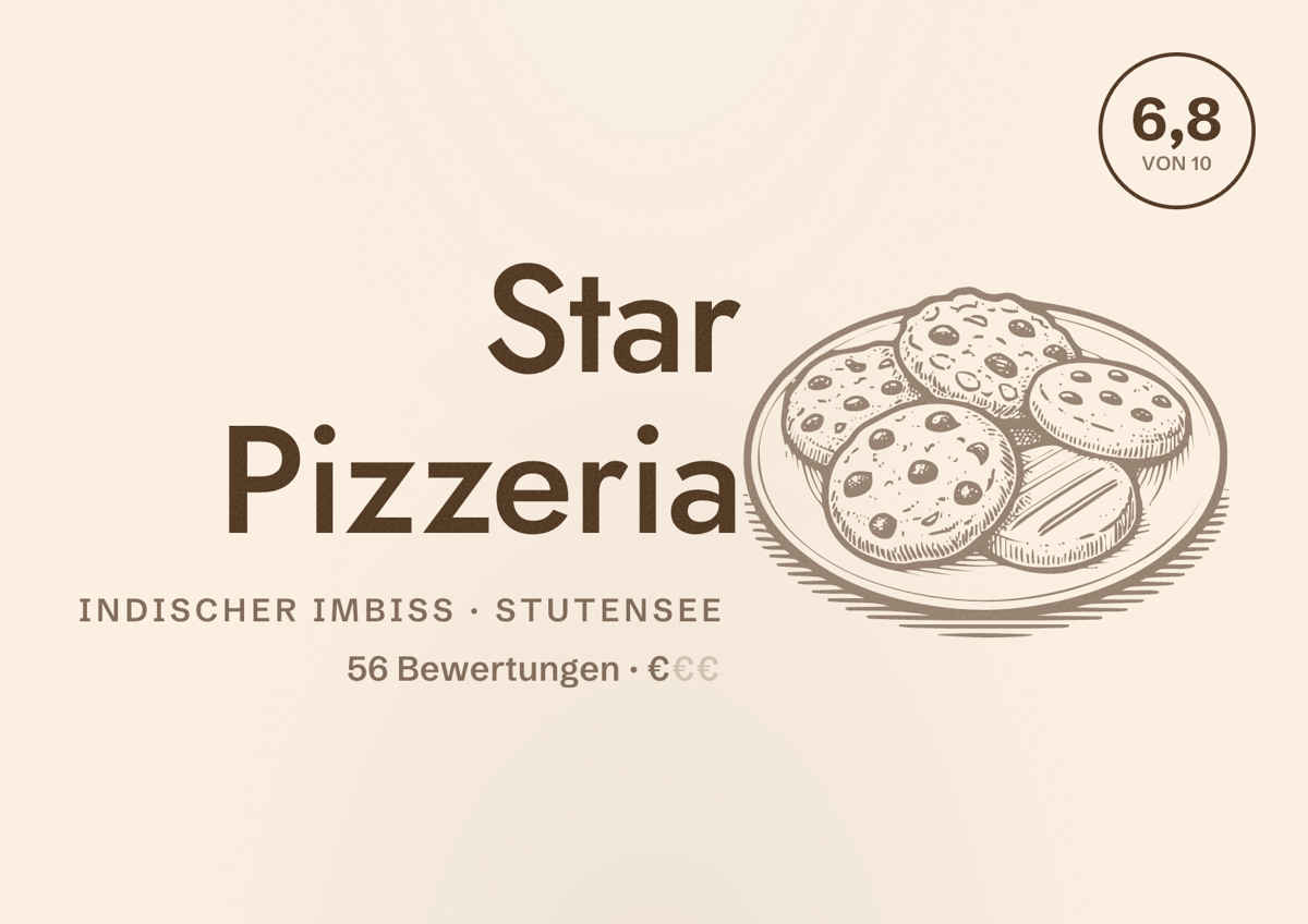 Illustriertes Poster von Star Pizzeria, Indischer Imbiss in Stutensee: Bewertung 6,8 von 10 aus 56 Bewertungen, Preisniveau €