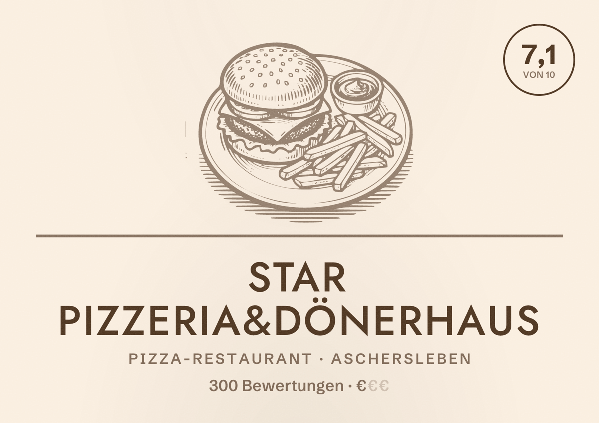 Illustriertes Poster von Star Pizzeria&Dönerhaus, Pizza-Restaurant in Aschersleben: Bewertung 7,1 von 10 aus 300 Bewertungen, Preisniveau €