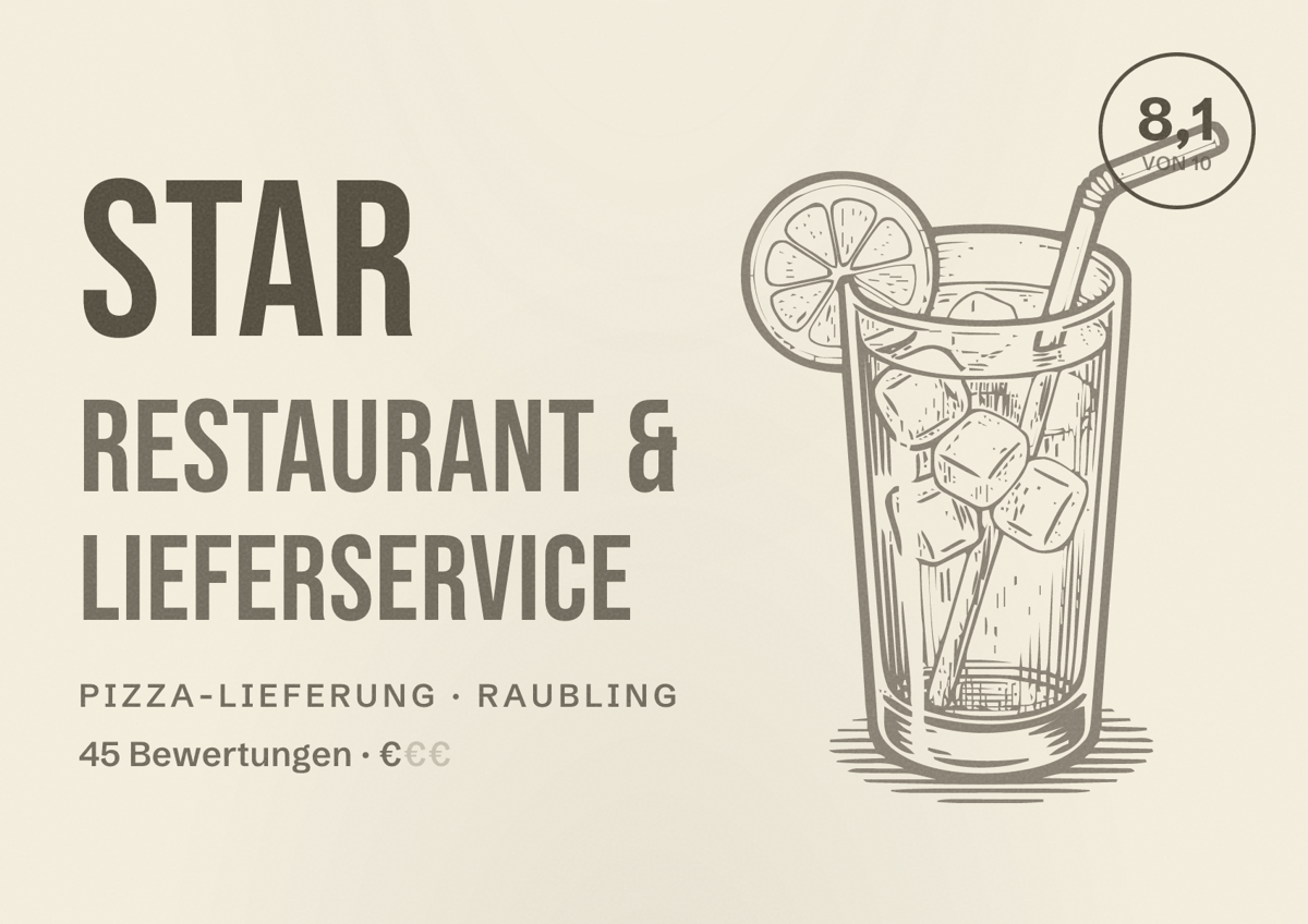 Illustriertes Poster von Star Restaurant & Lieferservice, Pizza-Lieferung in Raubling: Bewertung 8,1 von 10 aus 45 Bewertungen, Preisniveau €