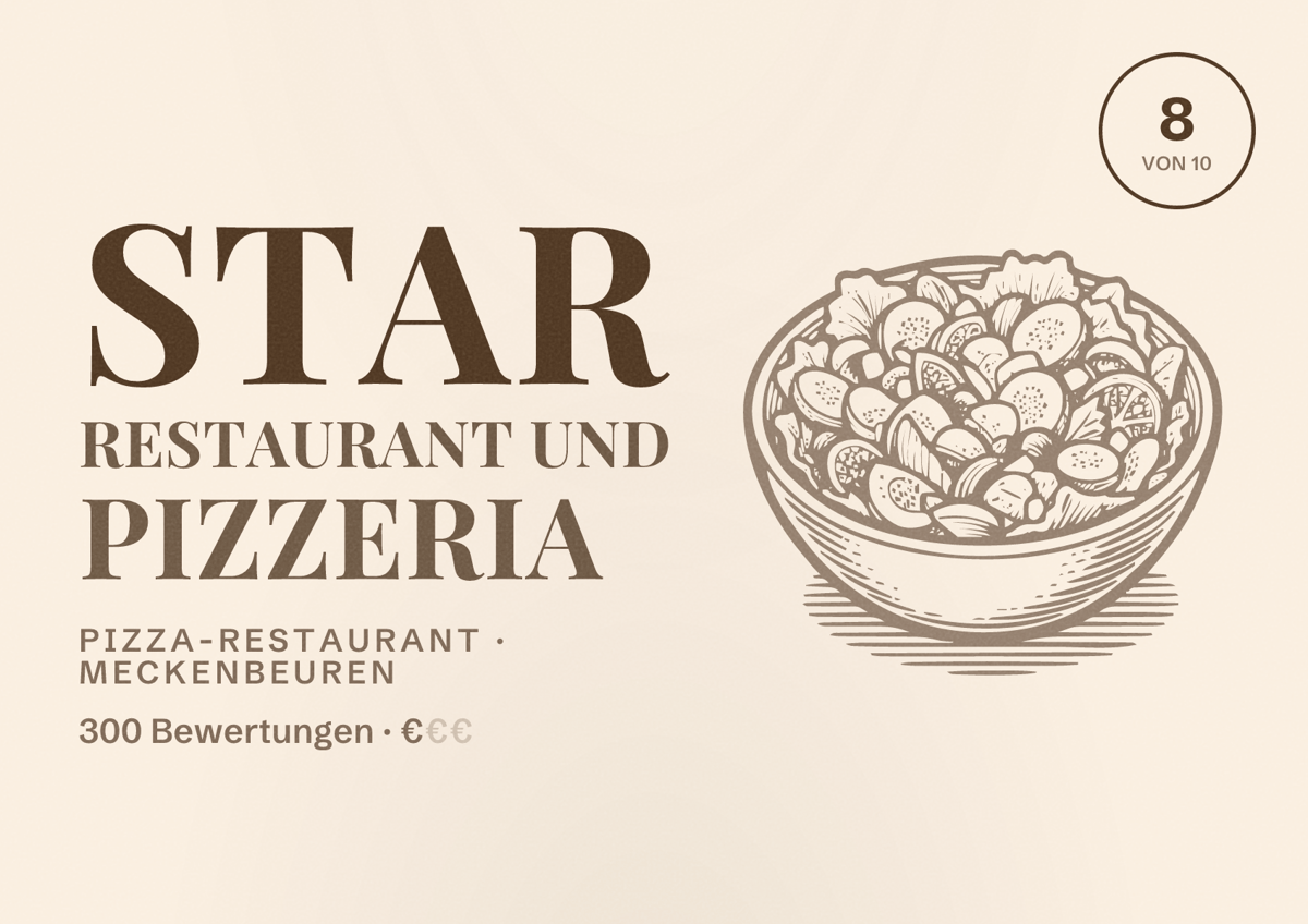 Illustriertes Poster von Star Restaurant und Pizzeria, Pizza-Restaurant in Meckenbeuren: Bewertung 8 von 10 aus 300 Bewertungen, Preisniveau €