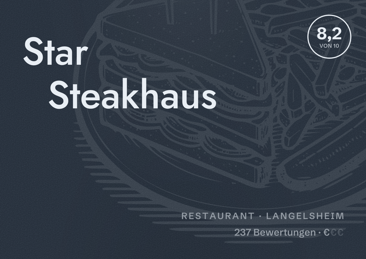Illustriertes Poster von Star Steakhaus, Restaurant in Langelsheim: Bewertung 8,2 von 10 aus 237 Bewertungen, Preisniveau €