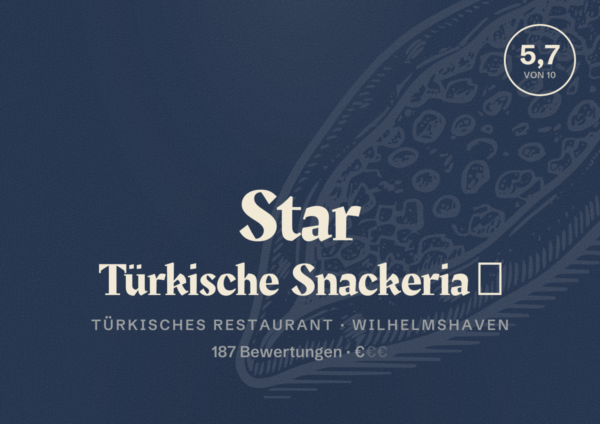 Illustriertes Poster von Star Türkische Snackeria 🥙, Türkisches Restaurant in Wilhelmshaven: Bewertung 5,7 von 10 aus 187 Bewertungen, Preisniveau €