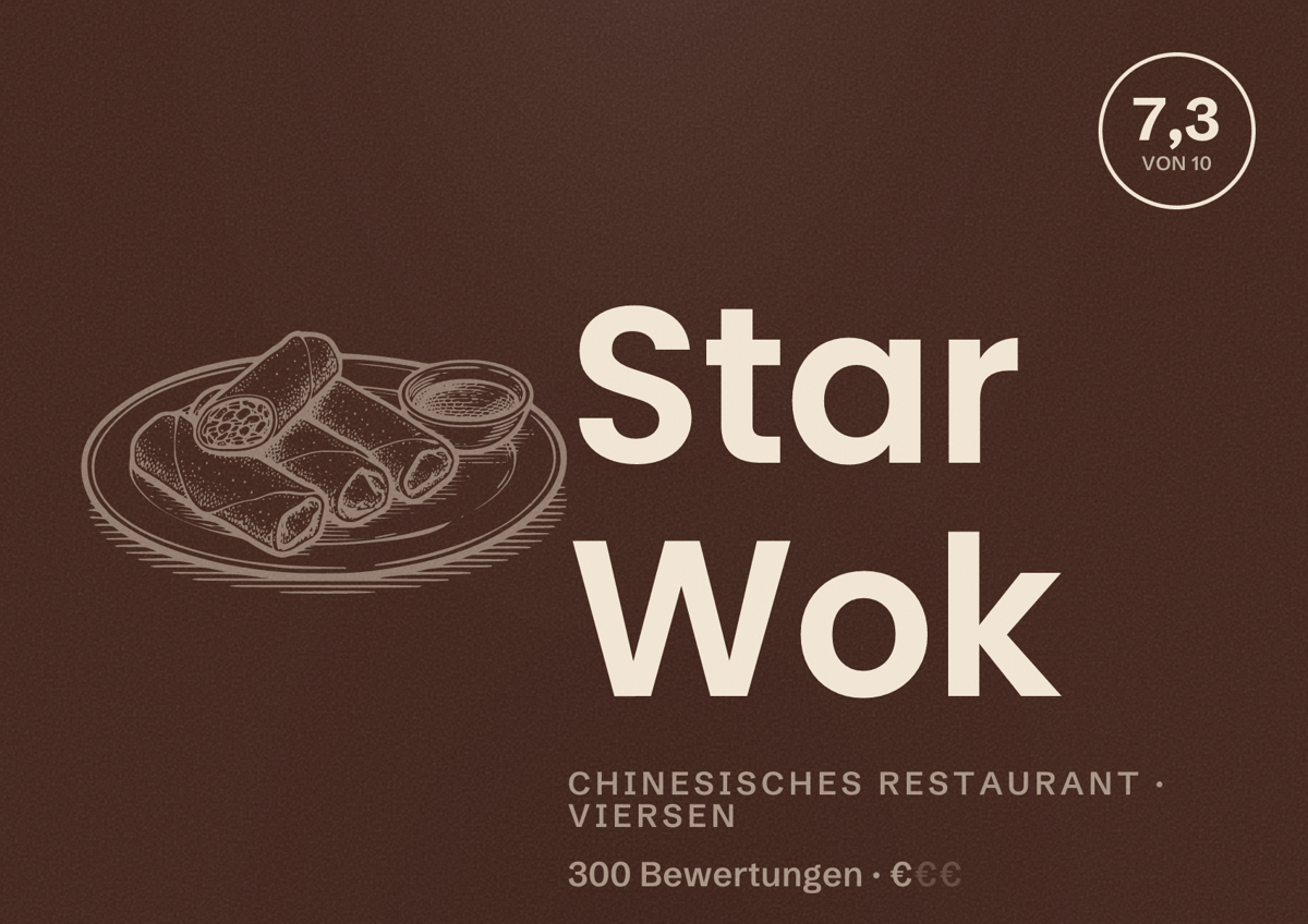 Illustriertes Poster von Star Wok, Chinesisches Restaurant in Viersen: Bewertung 7,3 von 10 aus 300 Bewertungen, Preisniveau €