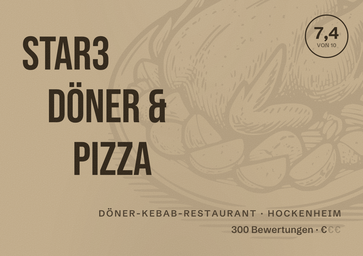 Illustriertes Poster von Star3 Döner & Pizza, Döner-Kebab-Restaurant in Hockenheim: Bewertung 7,4 von 10 aus 300 Bewertungen, Preisniveau €