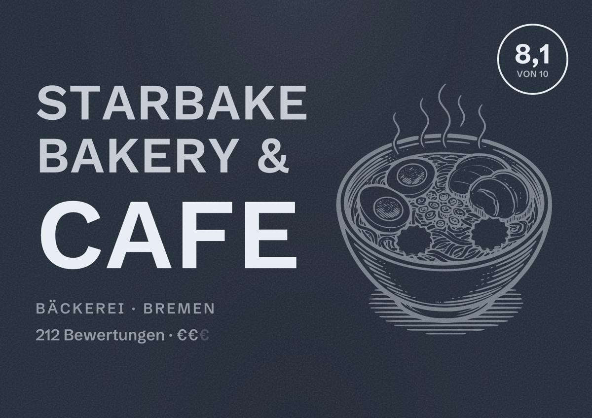 Illustriertes Poster von Starbake Bakery & Cafe, Bäckerei in Bremen: Bewertung 8,1 von 10 aus 212 Bewertungen, Preisniveau €€