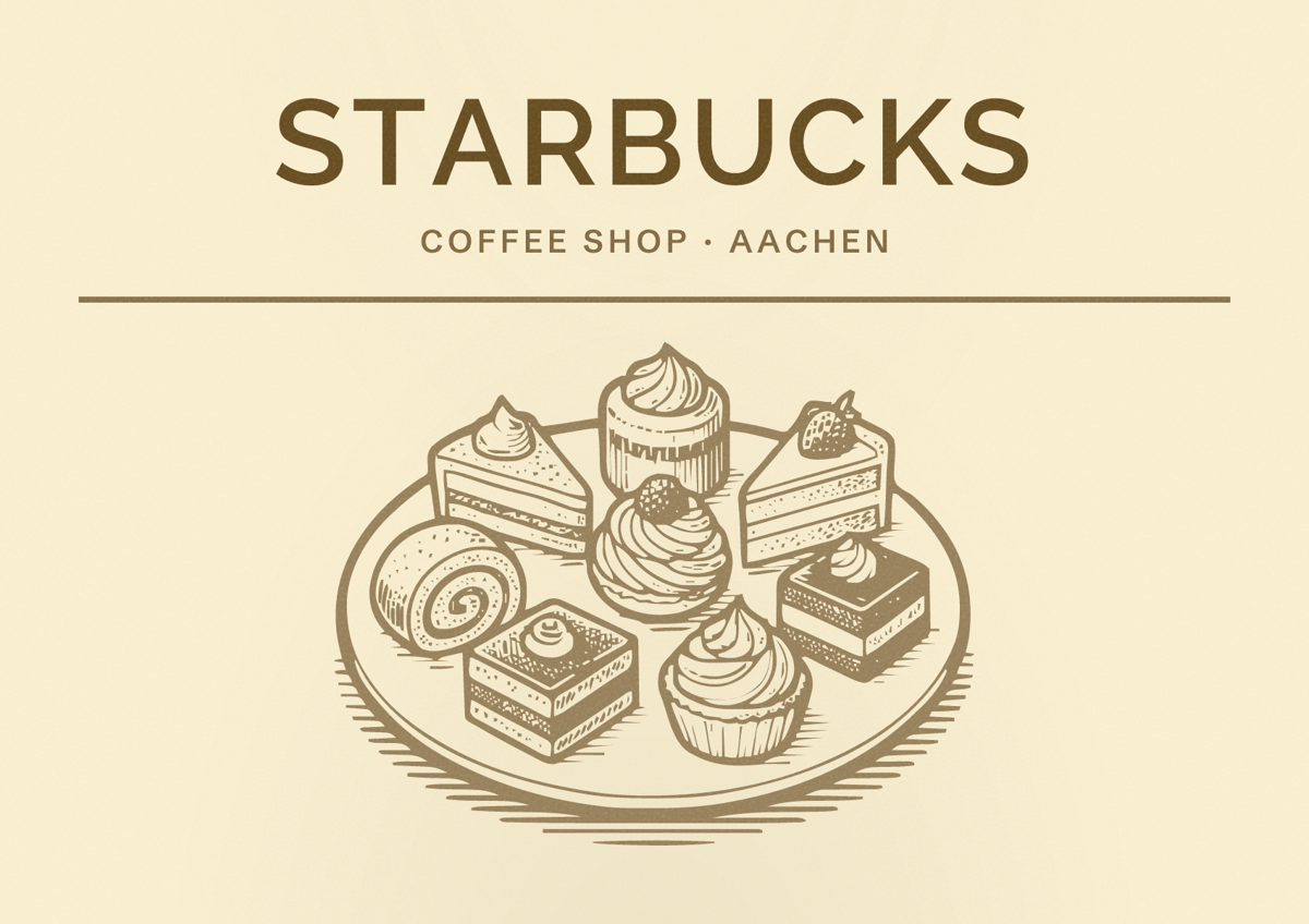Illustriertes Poster von Starbucks, Coffee Shop in Aachen: Bewertung 5,4 von 10 aus 300 Bewertungen, Preisniveau €