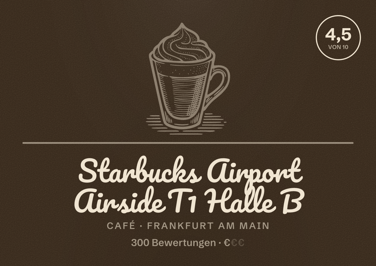 Illustriertes Poster von Starbucks Airport Airside T1 Halle B, Café in Frankfurt am Main: Bewertung 4,5 von 10 aus 300 Bewertungen, Preisniveau €