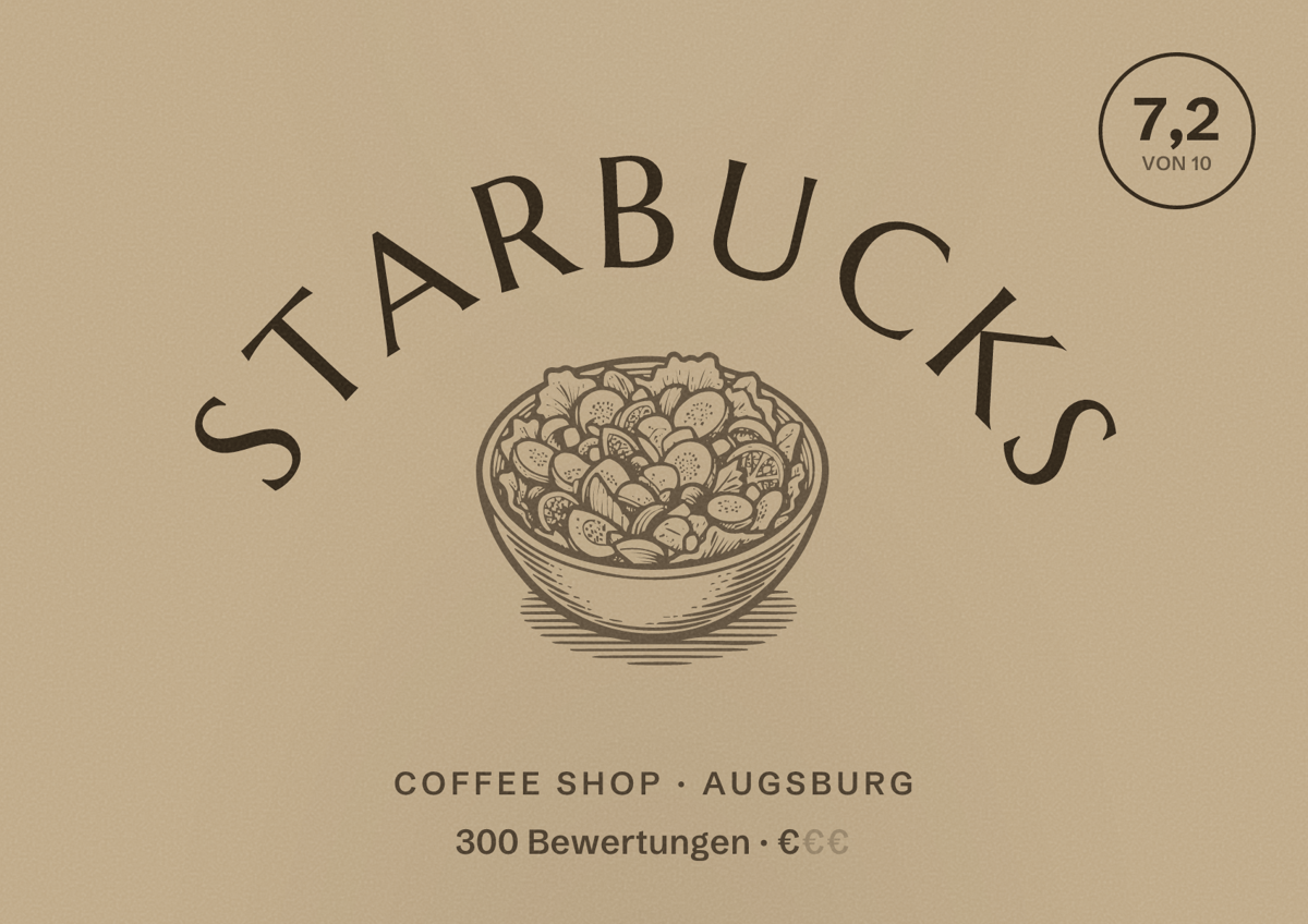Illustriertes Poster von Starbucks, Coffee Shop in Augsburg: Bewertung 7,2 von 10 aus 300 Bewertungen, Preisniveau €